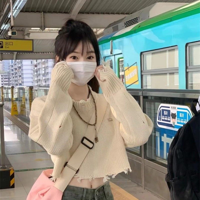 破洞短款毛衣女早秋新款设计感小众百搭宽松长袖外穿针织衫上衣女