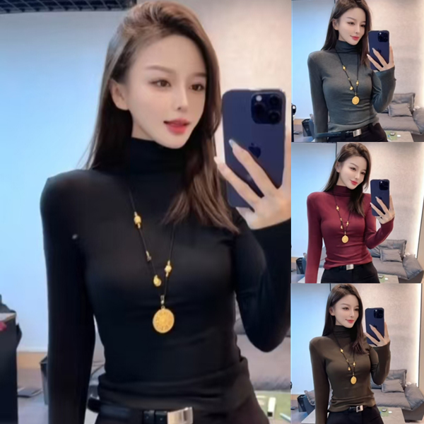 高领紧身磨毛加绒打底衫2024秋冬简约T恤修身显瘦气质内搭上衣