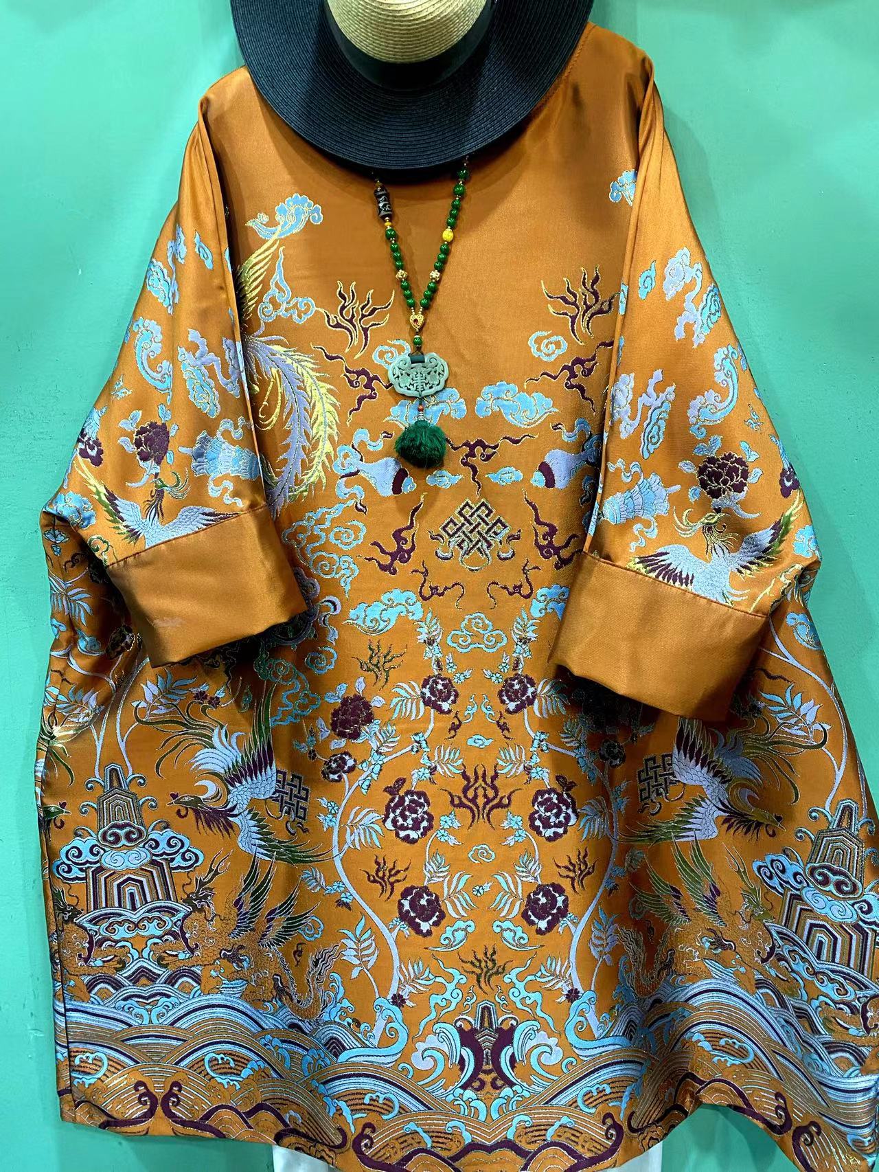 等闲集橘色吉祥八宝连衣裙中国风宽松不包邮不能机洗