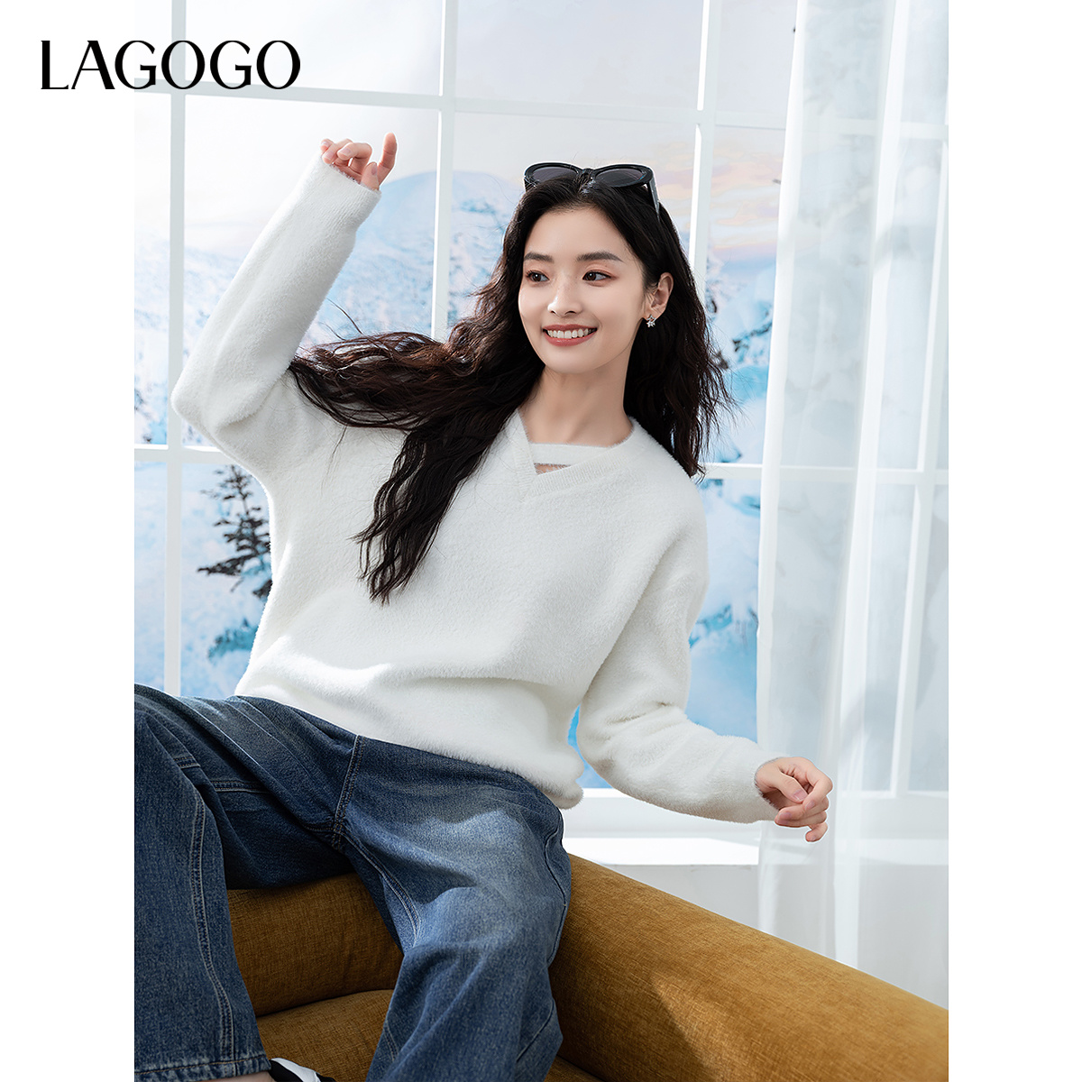 【lagogo】lagogo仿貂绒舒适百搭设计感针织上衣女NCMM439GD1