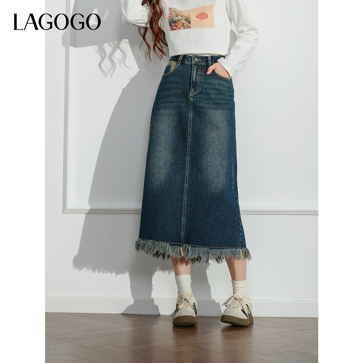 【立子】lagogo新款流苏高腰显瘦百搭牛仔裙女NCBB238G10