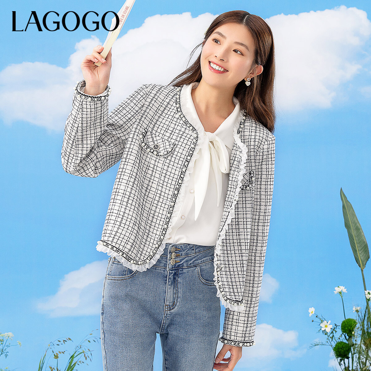 【陈大可】Lagogo格子拼接网纱钉珠装饰小香风外套MAWW531G13