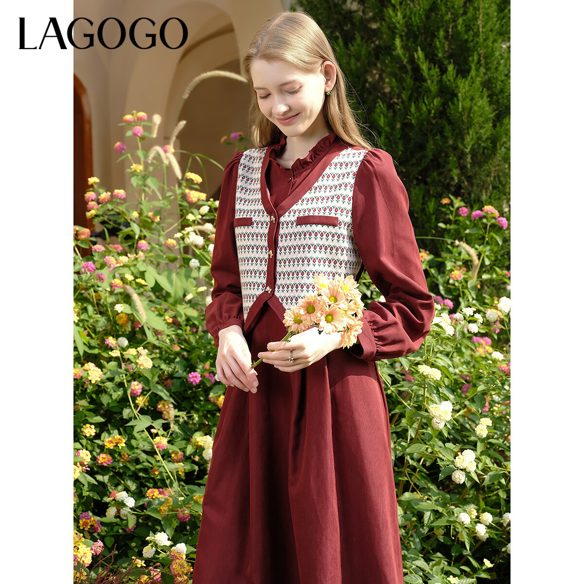 【艾美甄选】lagogo拉谷谷显白格子假两件连衣裙NALL451G16