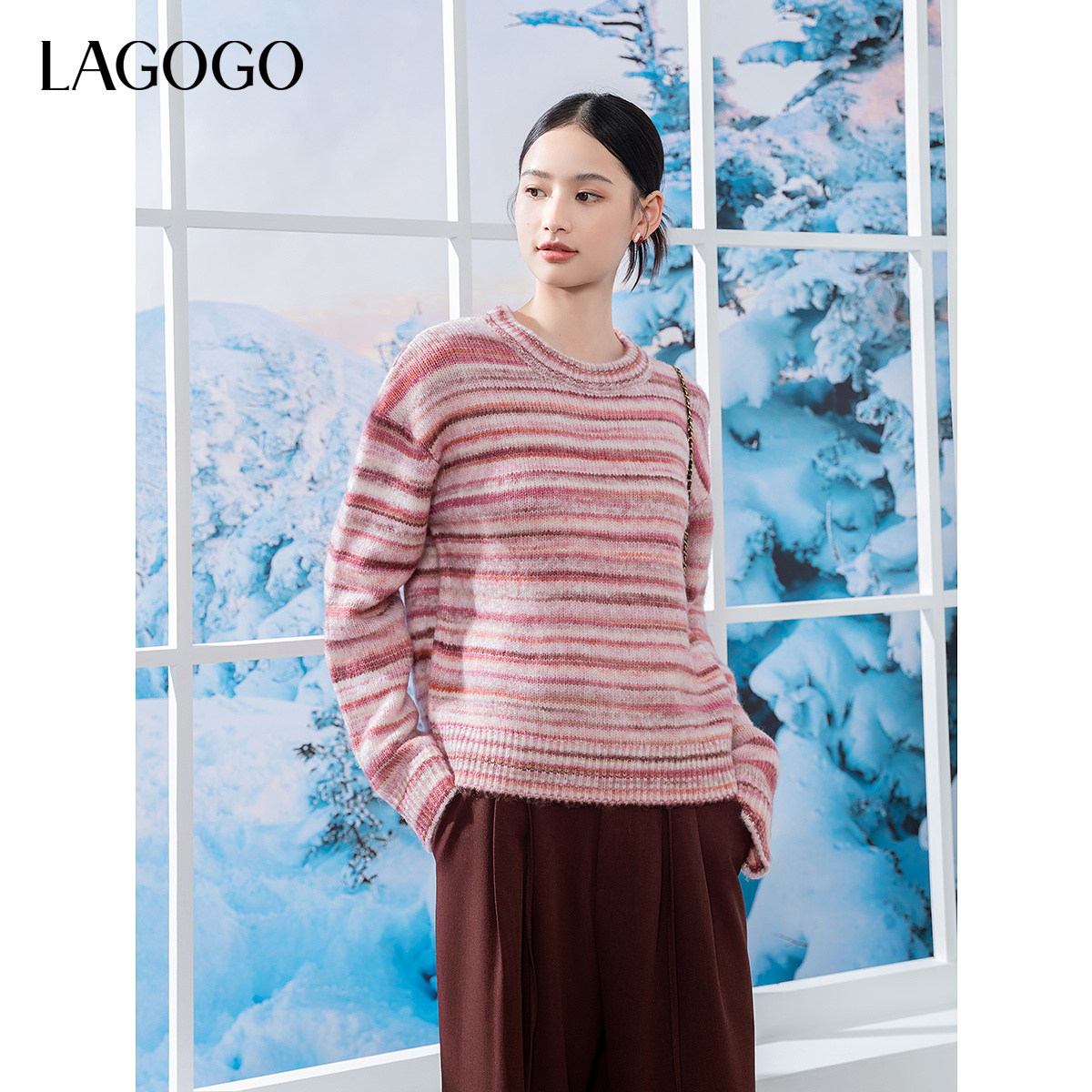 【立子】lagogo粉色花式纱线条纹针织衫女NCMM429GC8