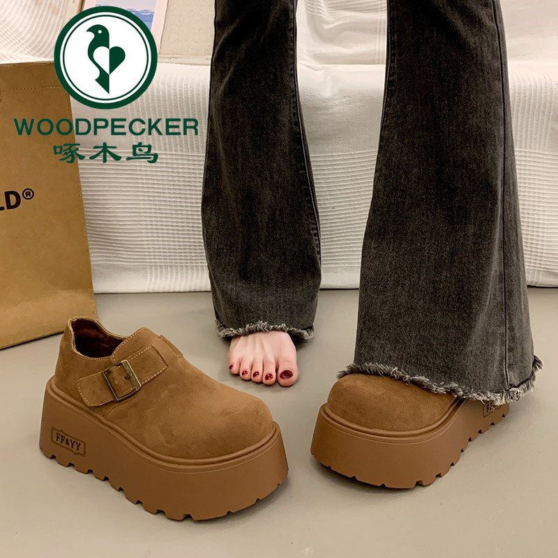 啄木鸟小个子增高厚底勃肯鞋女2025秋冬新款加绒大头丑萌乐福单鞋