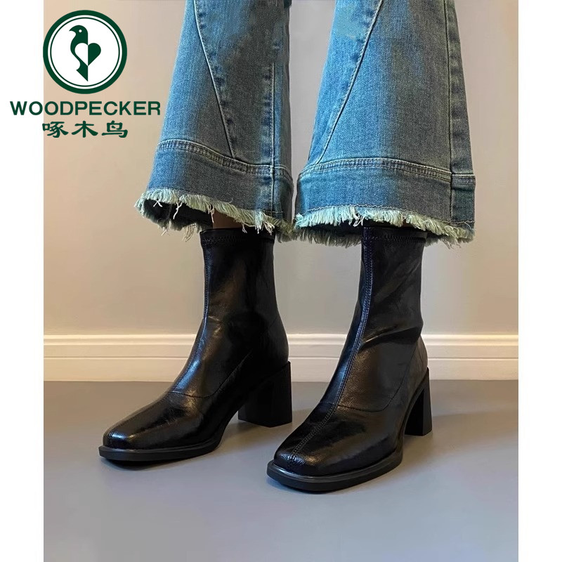 啄木鸟复古粗跟弹力瘦瘦靴子女2025年秋冬新款高跟方头短靴马丁靴