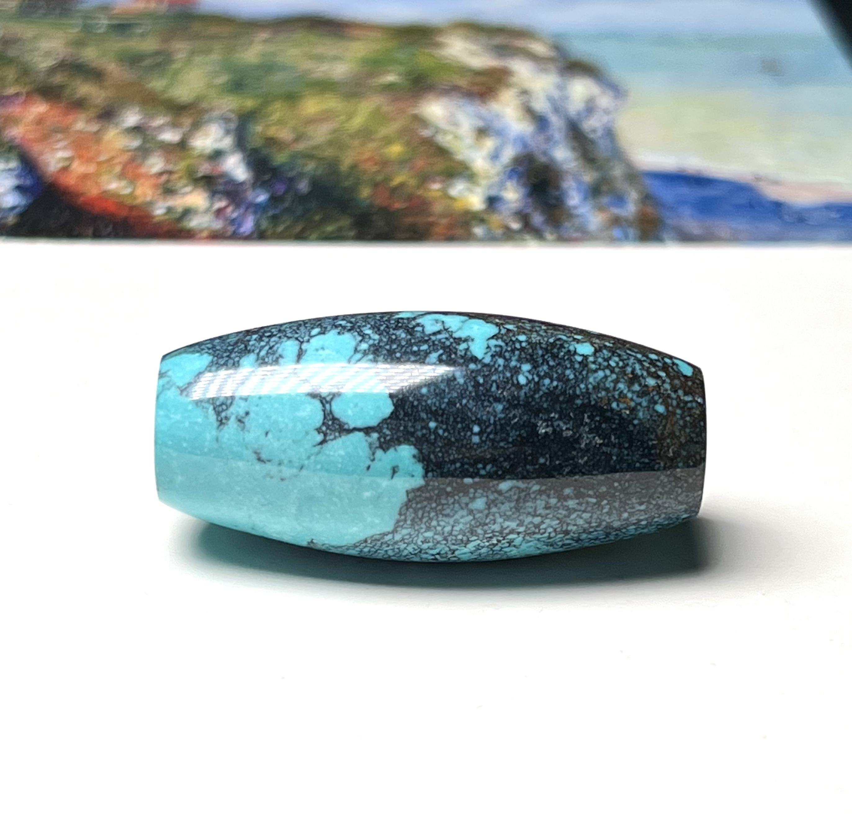 原矿高瓷绿松石长桶珠顶珠 直径16对孔35两侧直径10.5mm重15.5克