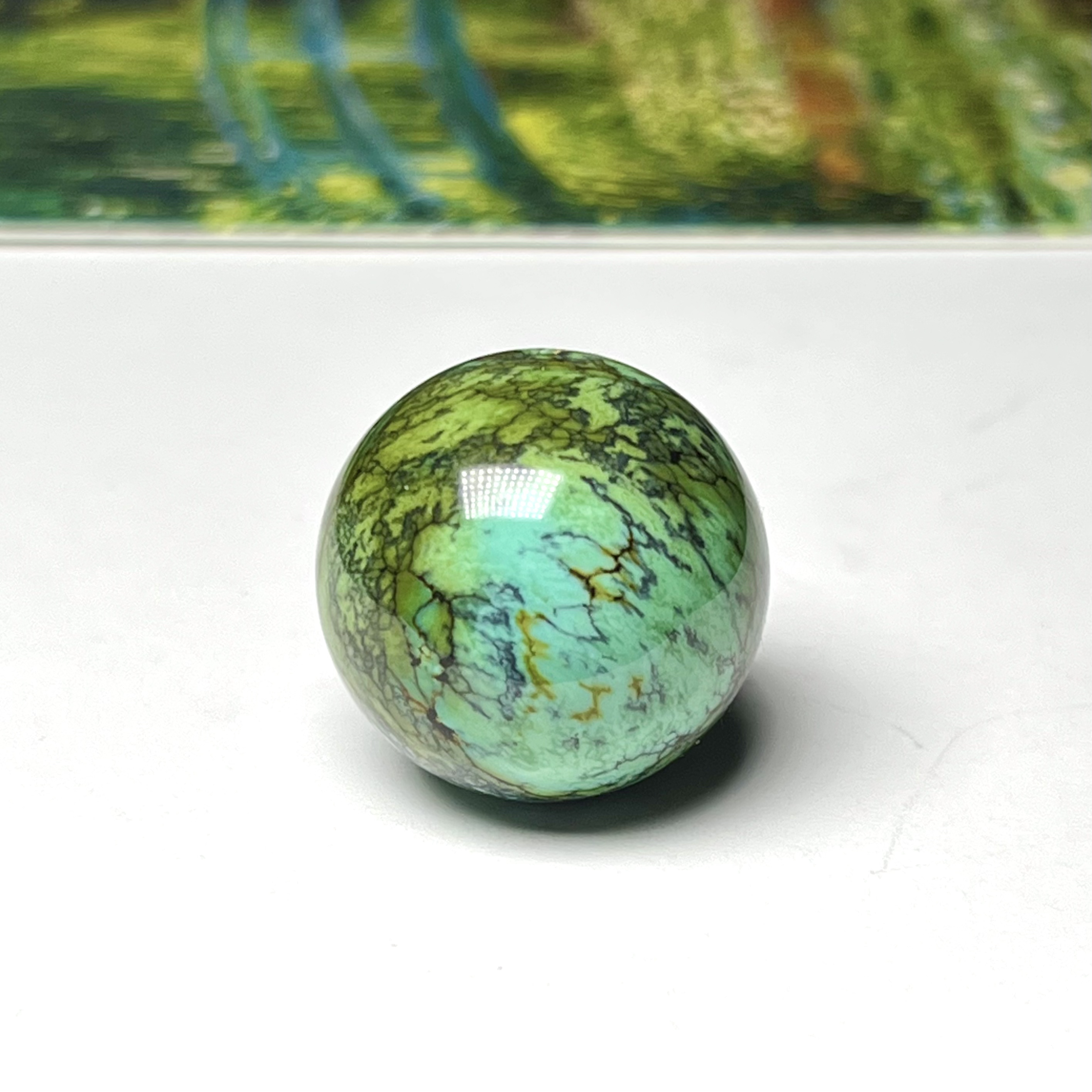 原矿高瓷绿松石圆珠 直径19.5mm重11克菜籽绿特色炫彩圆珠铁线纹