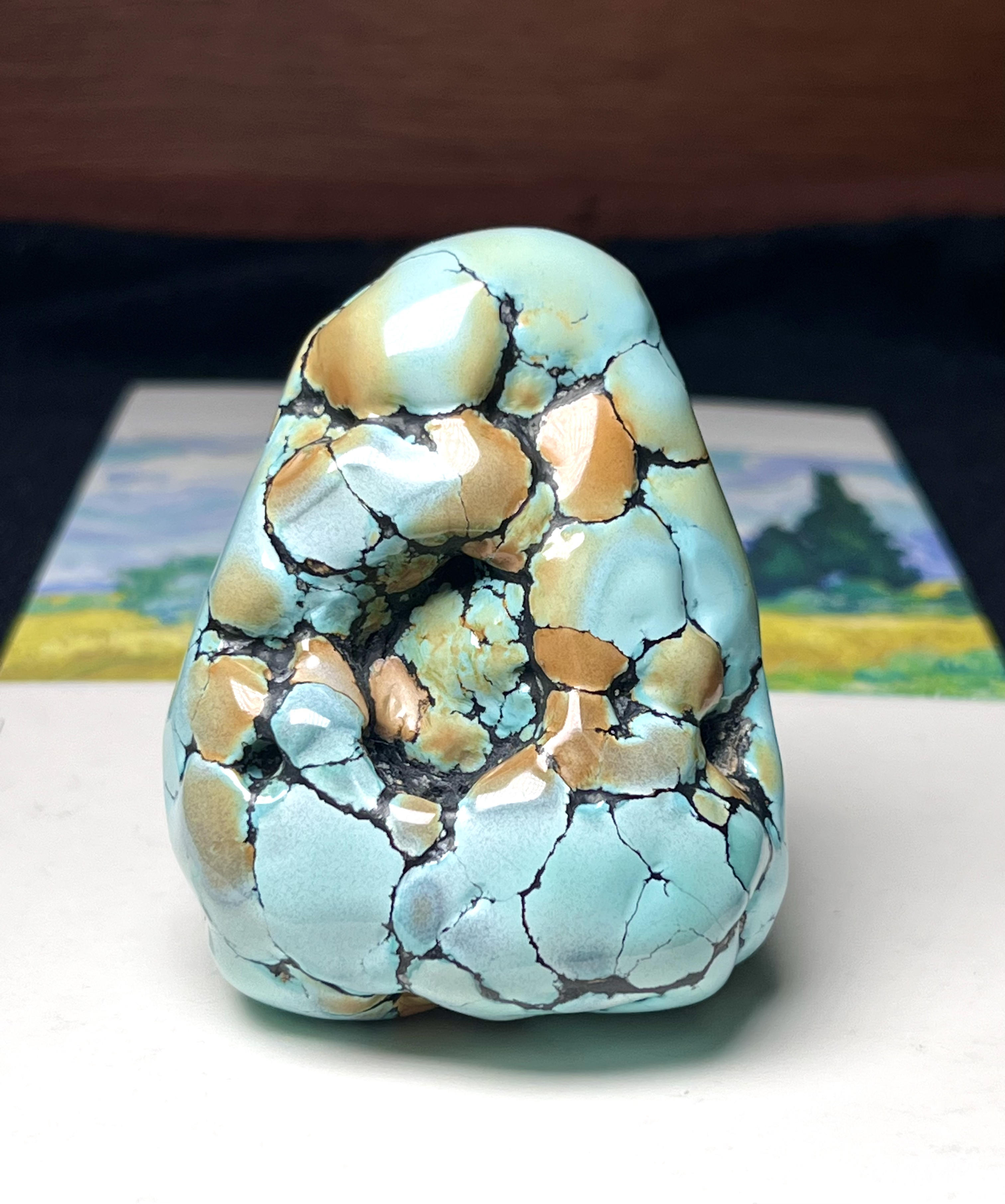 原矿高瓷绿松石三彩随形把件92克