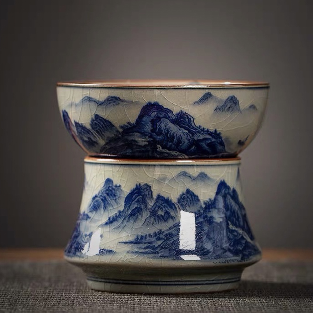 景德镇青花陶瓷手工千里江山陶瓷一体过滤孔茶漏茶叶茶器