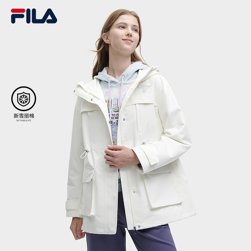 FILA斐乐女装新雪丽暖绒棉服2023秋冬新款运动防风保暖连帽外套女