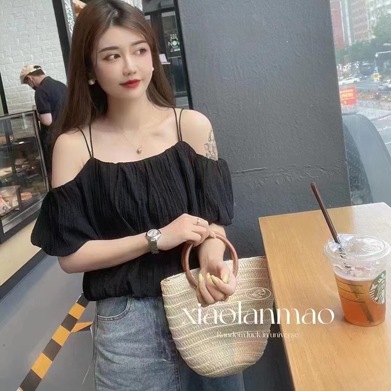 时尚露肩吊带气质小衫2023新款夏季小个子精品T恤纯色雪纺上衣