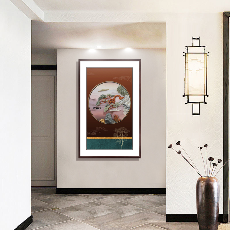 客厅装饰画新中式入户玄关走廊尽头挂画餐厅竖版实木中国风玉雕画