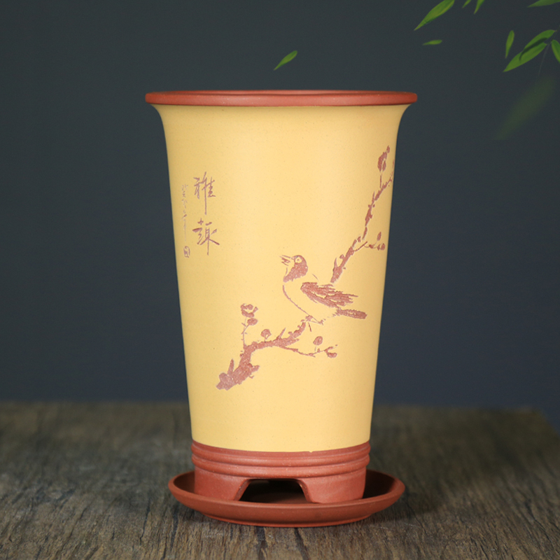 宜兴精品紫砂兰花盆粉浆带托盘古典透气寒兰建兰春兰简约桌面植物