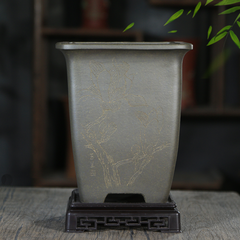 精品四方紫砂花盆天青泥手工刻绘兰花盆桌面书房室内松柏盆景花盆
