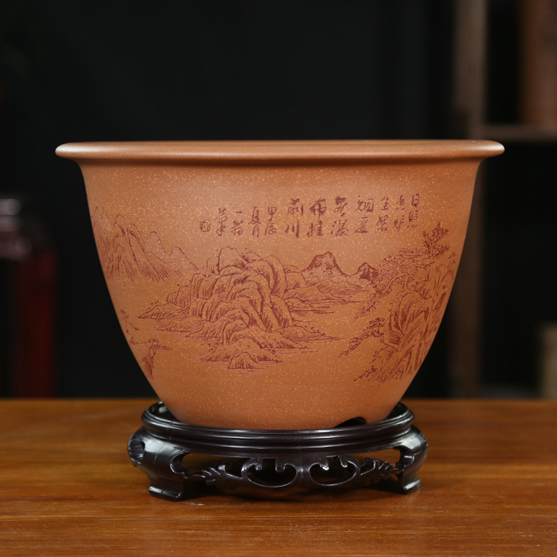 特大号精品紫砂花盆降坡泥通转刻绘圆形盆内门竹簕竹盆景盆兰花盆