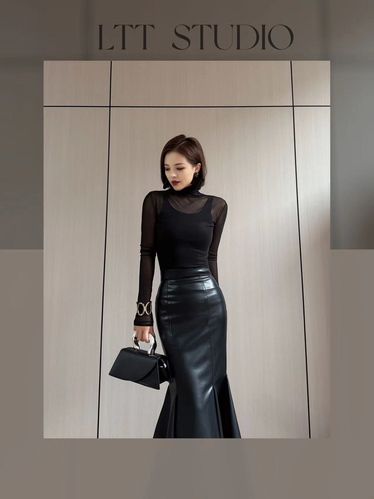 LTT- 新款 纯欲风网纱弹力高领打底上衣两件套