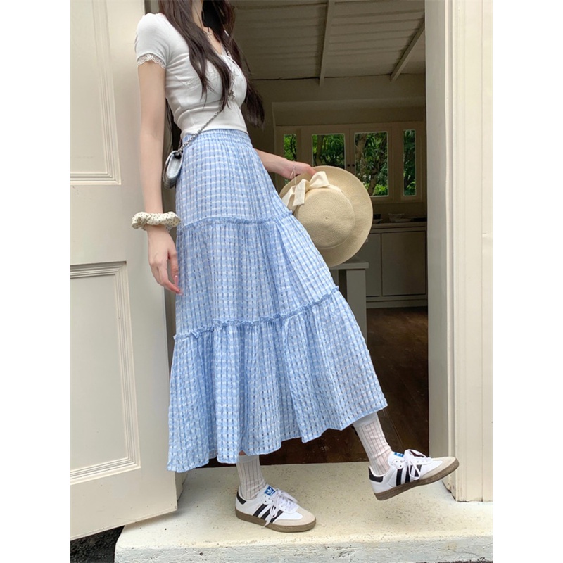 甜美蓝色格子半身裙女夏季2024新款显瘦高腰a字裙气质中长款伞裙