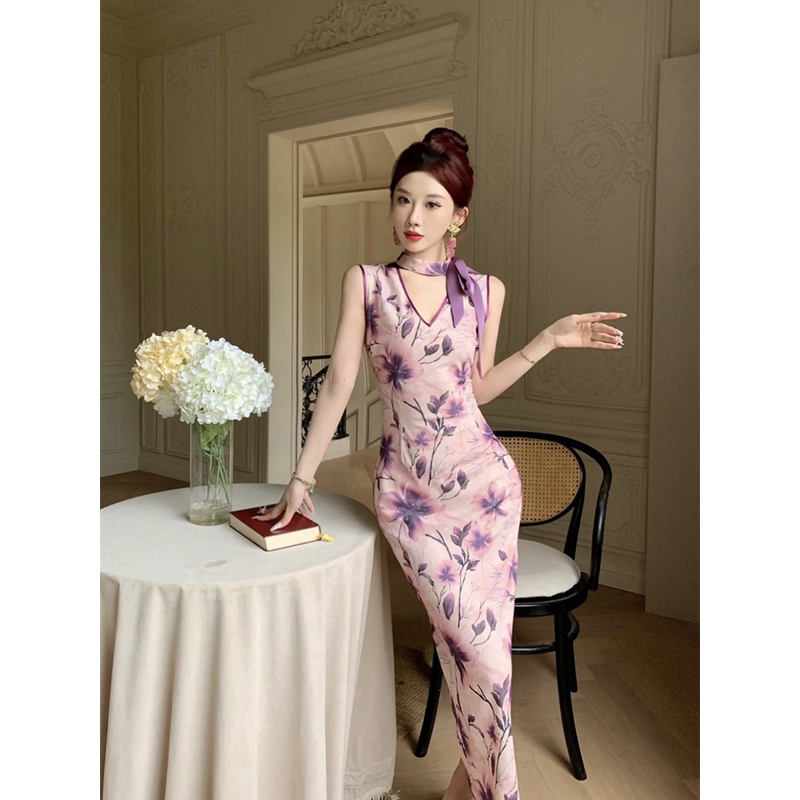 新中式高级感蝴蝶结系带V领收腰长款后开叉包臀连衣裙女夏季新款