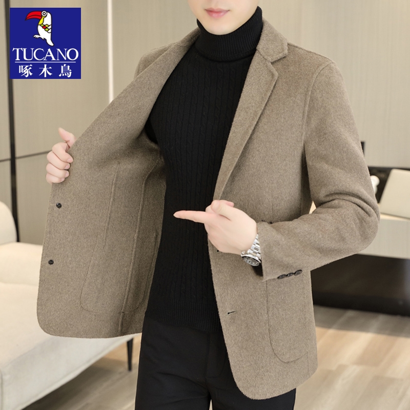 啄木鸟2023秋冬季新款潮流西装领双面羊毛呢修身大衣纯色风衣外套