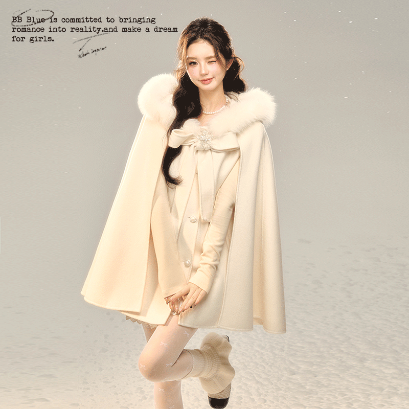 BB BLUE 原创设计 冰雪奇缘白色狐狸毛羊毛双面呢斗篷