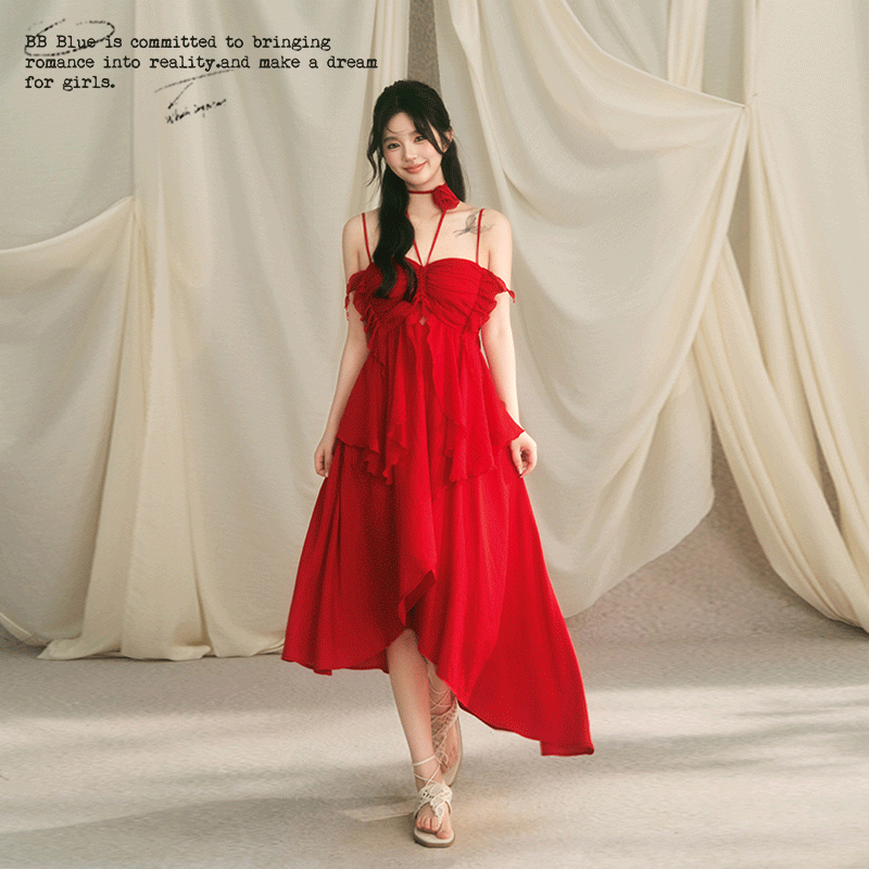 BB BLUE【红色蝴蝶兰】温柔风吊带连衣裙春夏季小众裙子