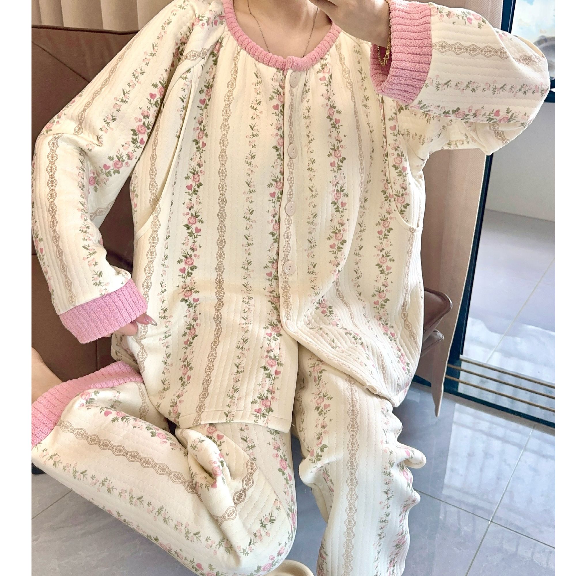 秋冬【带胸垫】中厚空气棉月子服孕妇睡衣女产妇哺乳喂奶月子服套装