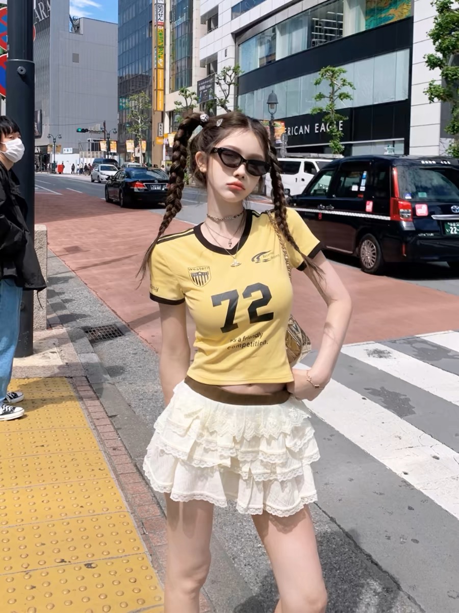 运动少女系列//甜酷风撞色修身宽松球衣t恤女百搭V领短款短袖上衣