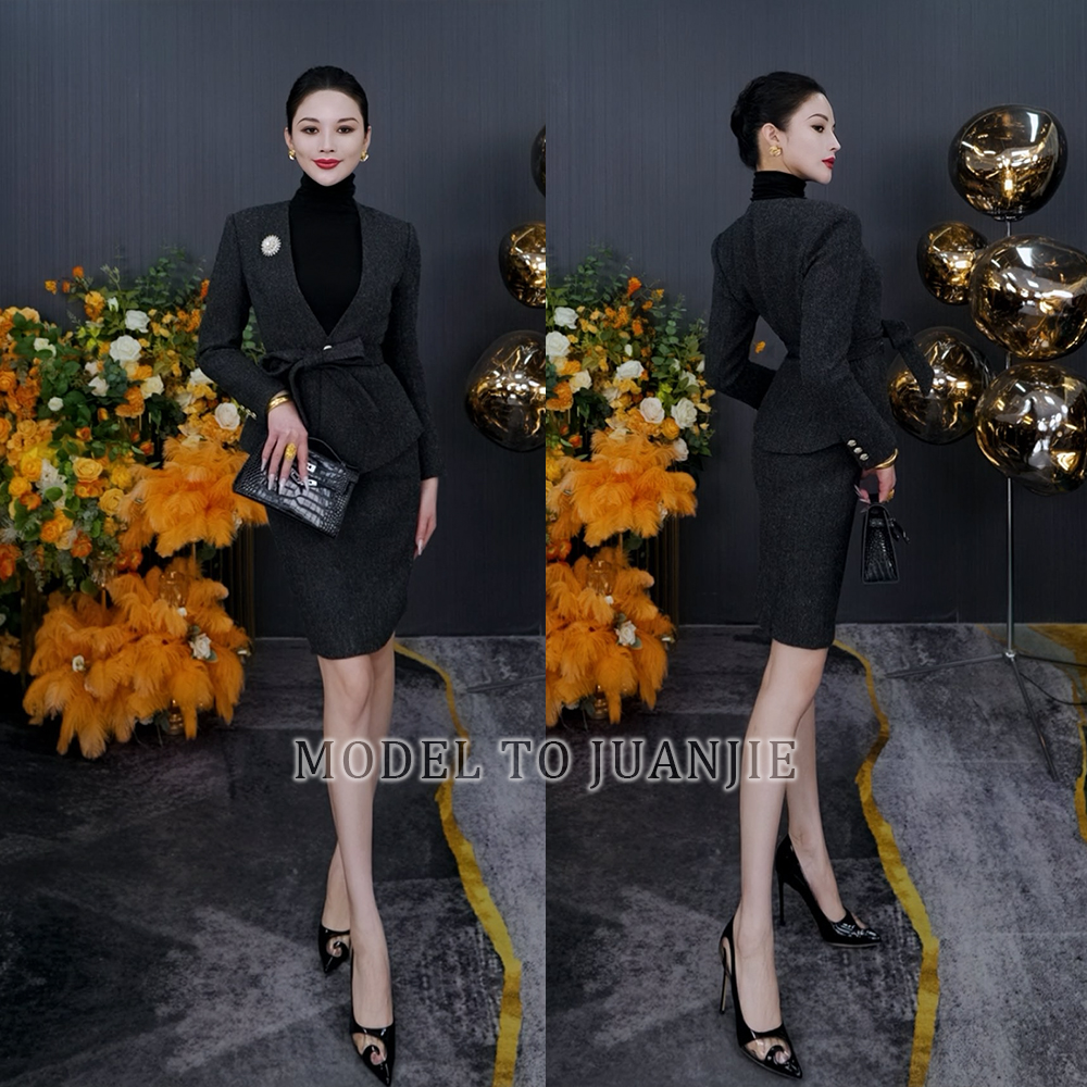 冬季高定显瘦气质修身名媛职业绵羊毛无领轧带包臀裙套装989