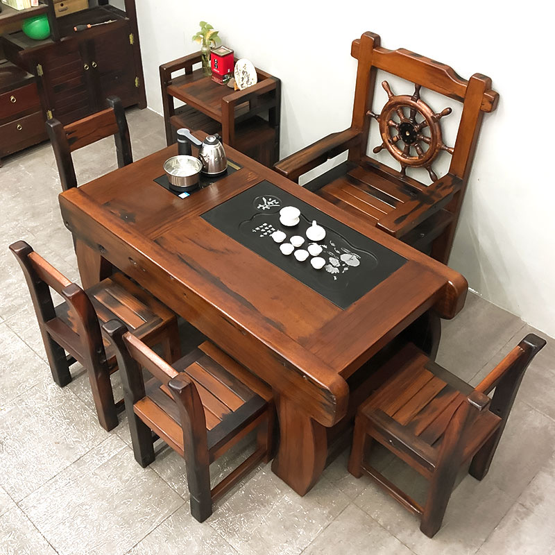 老船木茶桌椅组合简约中式实木泡茶茶几办公客厅家用茶台仿古茶桌
