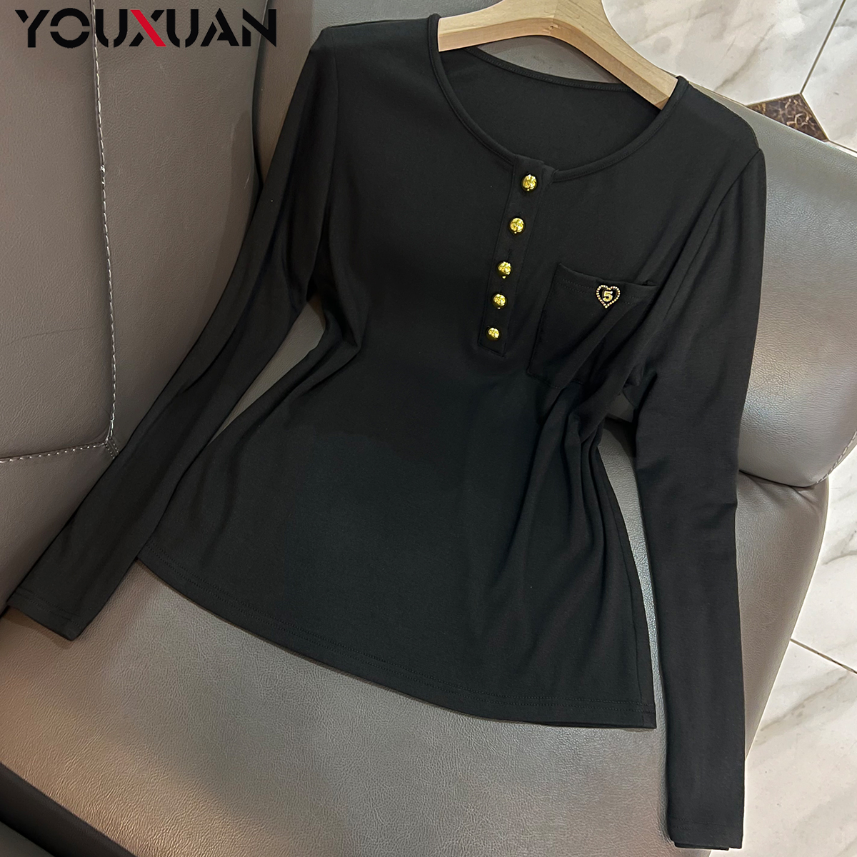 【新品】2024秋冬百搭韩版上衣时尚气质圆领长袖女士打底小衫6056