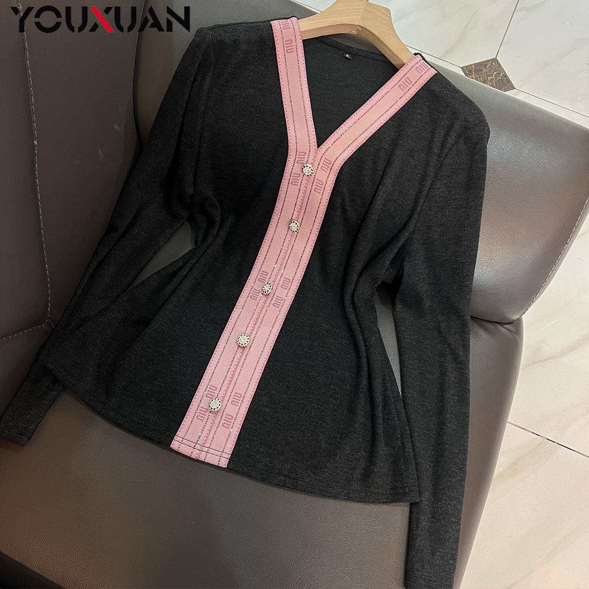 【新品】女士秋冬季长袖v领上衣百搭休闲时尚打底小衫89219