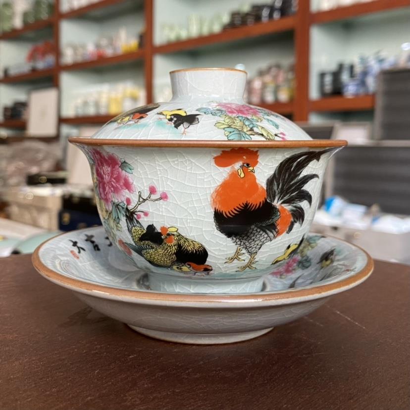 尚心堂大公鸡三才盖碗茶杯单个泡茶碗景德镇粉彩大吉大利敬茶盏功