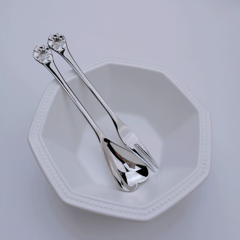 出口单18/10不锈钢复古樱花浮雕爱心304水果叉酸奶勺蛋糕咖啡勺