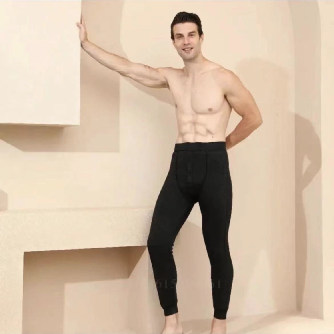 男士颗粒绒触感冬季防寒带护膝内穿保暖裤5586