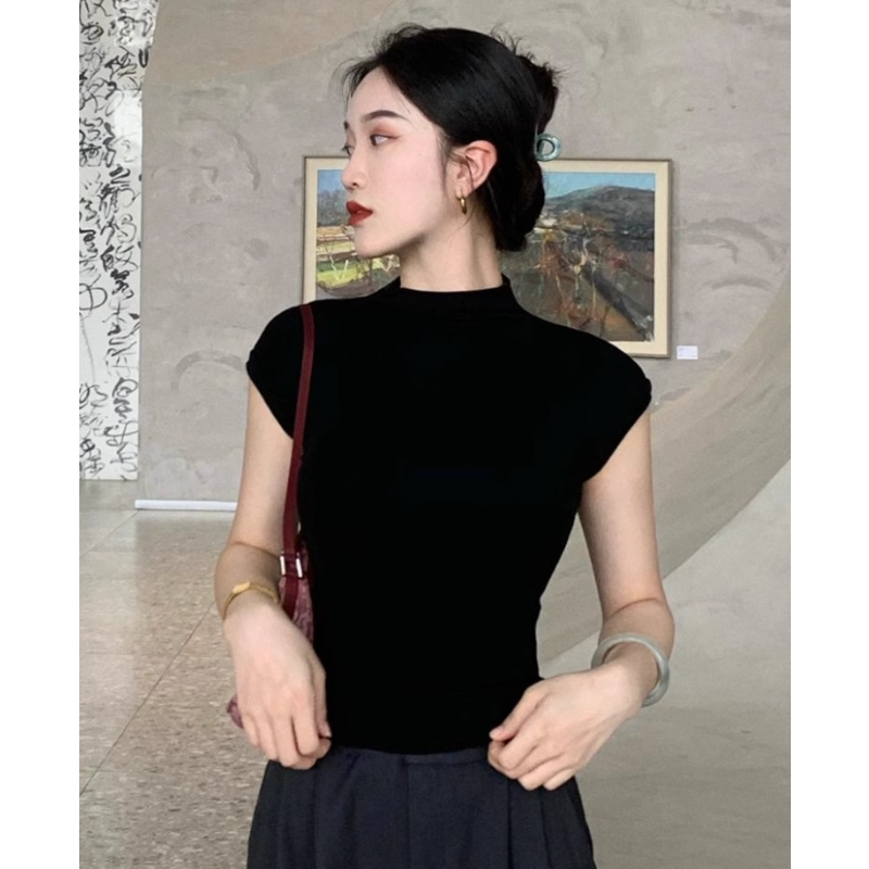 JS半高领黑色短袖t恤女夏季正肩紧身短款辣妹气质时尚百搭上衣潮