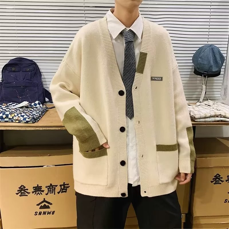 开衫毛衣男士秋季ins潮牌痞帅笑脸针织衫宽松潮流休闲V领线衣外套