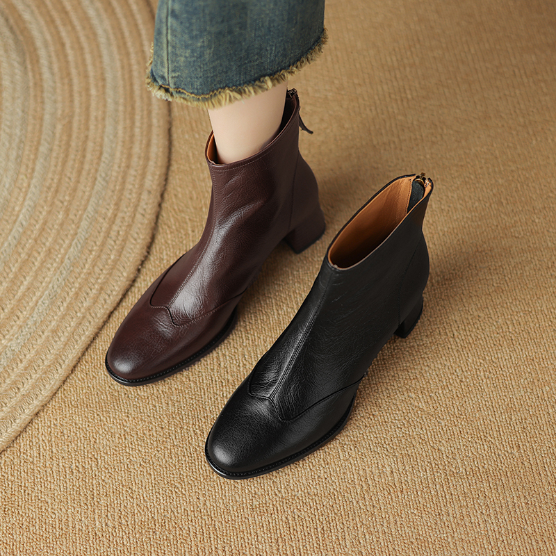 半坊手工女鞋R|34-39|4.3cm|秋冬法式复古圆头真皮后拉链粗跟短靴