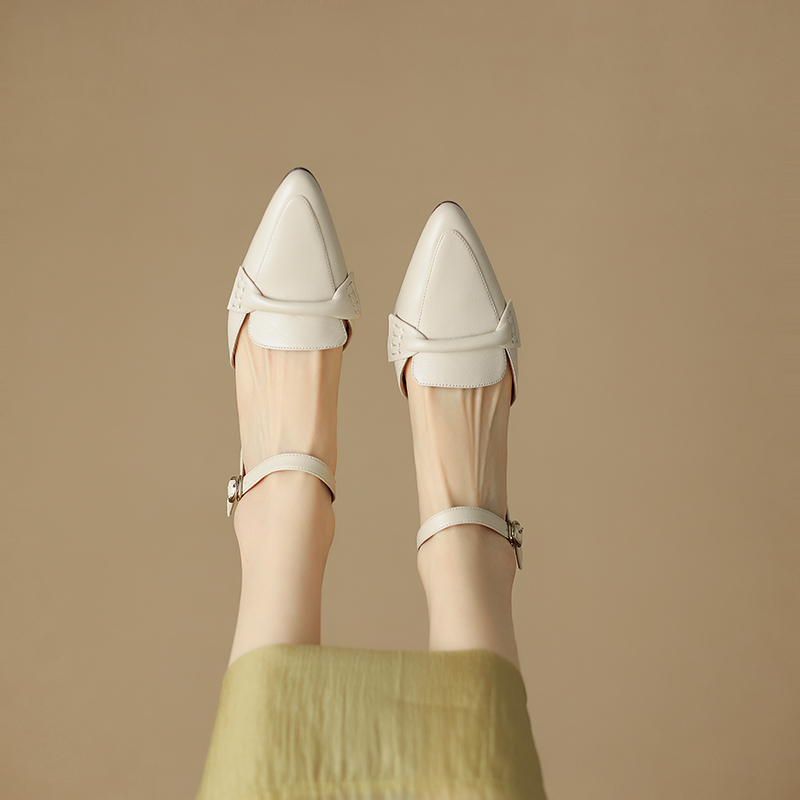 半坊手工女鞋|33-41|4cm|真皮法式复古中跟气质尖头粗跟包头凉鞋