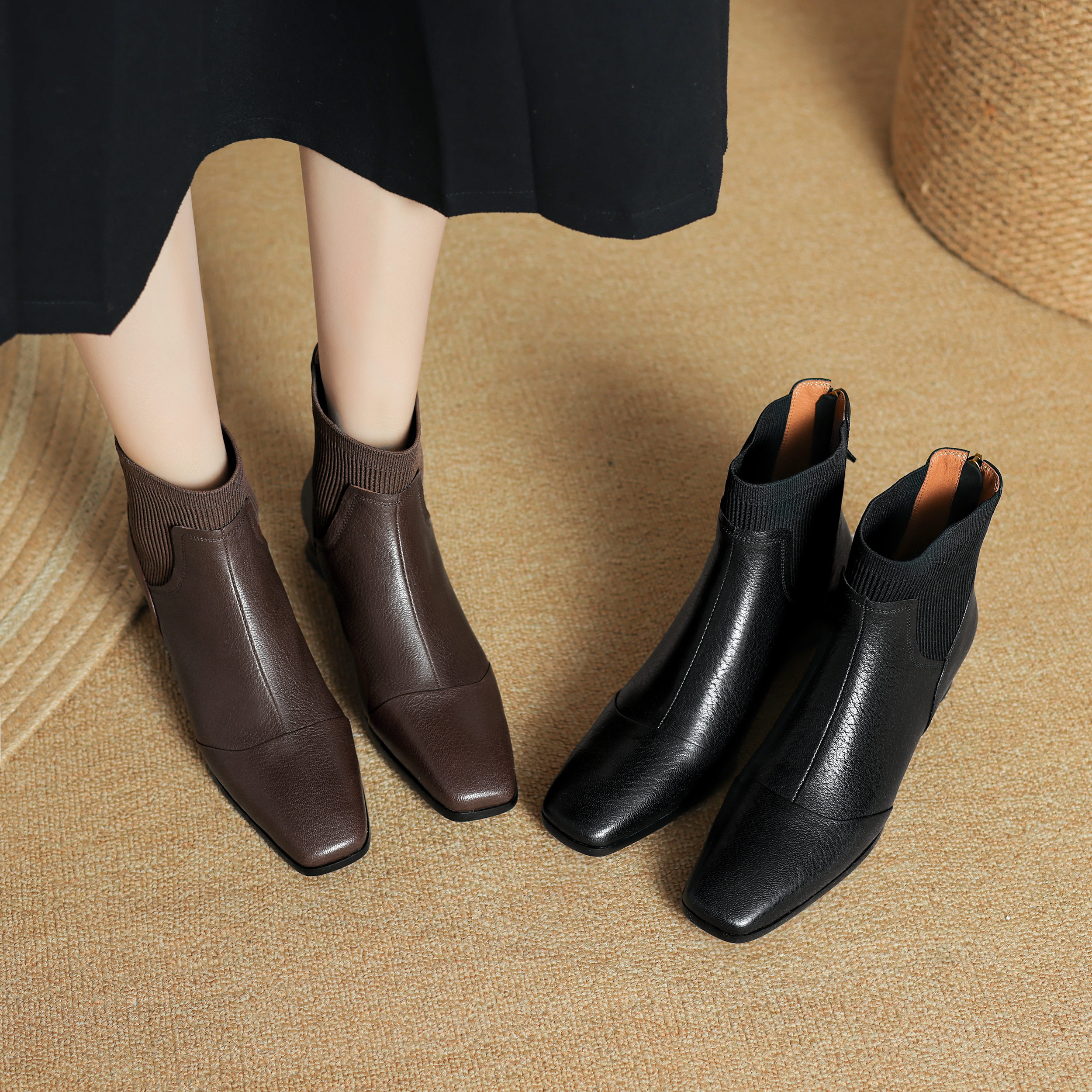 半坊手工女鞋|34-39|3.0cm|法式方头荔枝纹真皮软面复古粗跟短靴