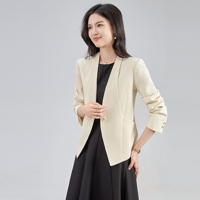 气质通勤羊毛小西装外套女修身收腰一粒扣无领上衣女早秋外套