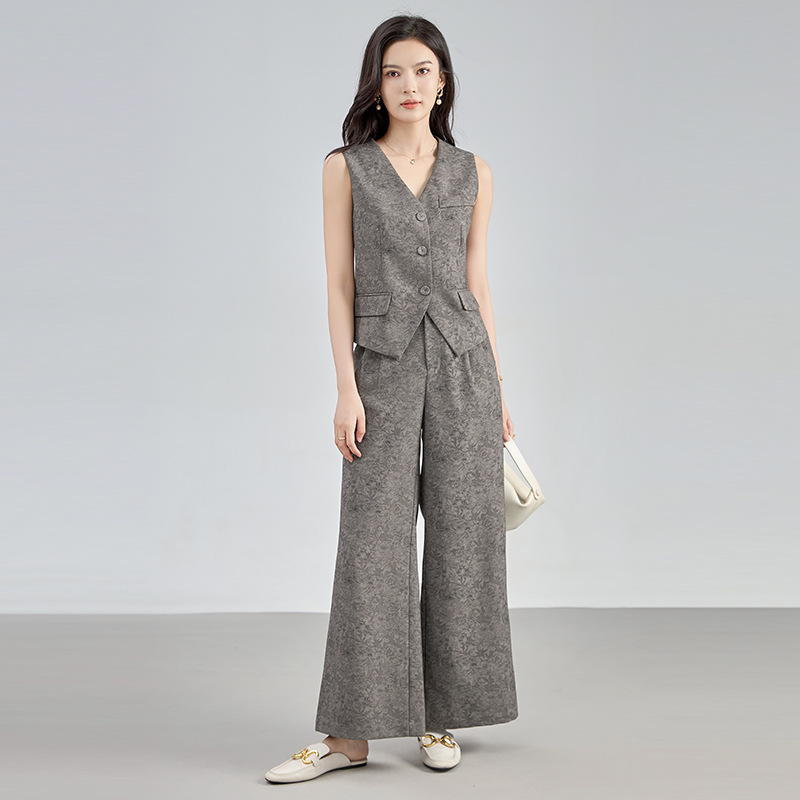 无压力职场早秋新款通勤风时尚V领无袖短款马甲长裤套装