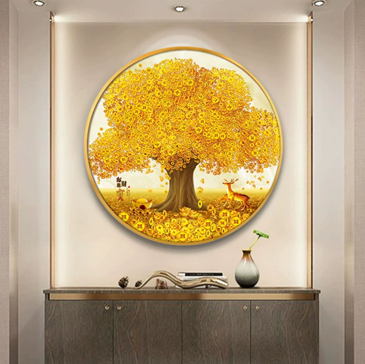 CR-004新中式招财进宝玄关走廊装饰画客厅黄金满地圆形挂画捡漏1