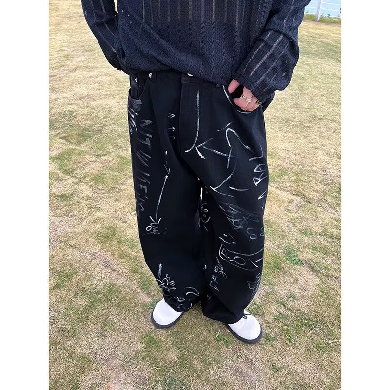 夏季小众涂鸦直筒牛仔裤男宽松高街做旧水洗休闲阔腿长裤