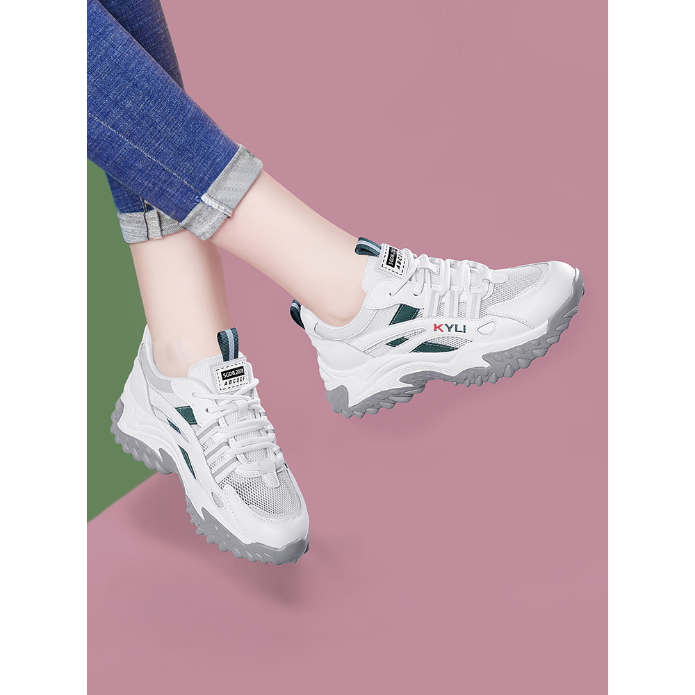 真皮老爹鞋女ins潮2023新款春秋季百搭厚底网面透气休闲运动跑步