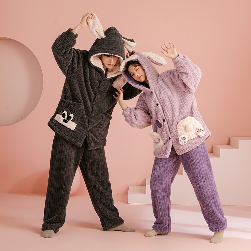 （清仓）珊瑚绒睡衣男女士秋冬季情侣连帽加厚保暖法兰绒家居服套装