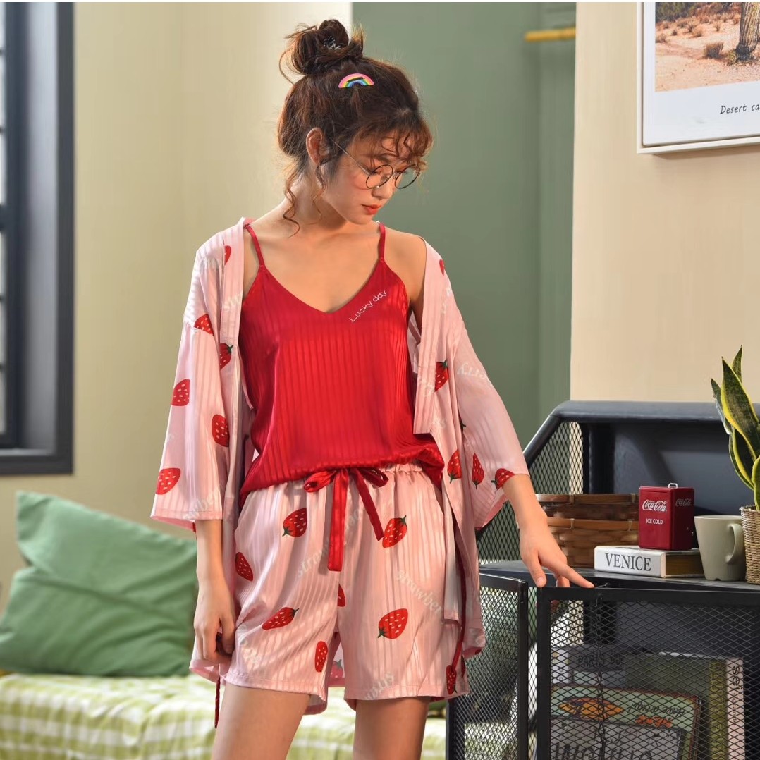 女士冰爽丝韩式吊带短袖短裤绑带三件套睡衣夏季款柔软家居服套装