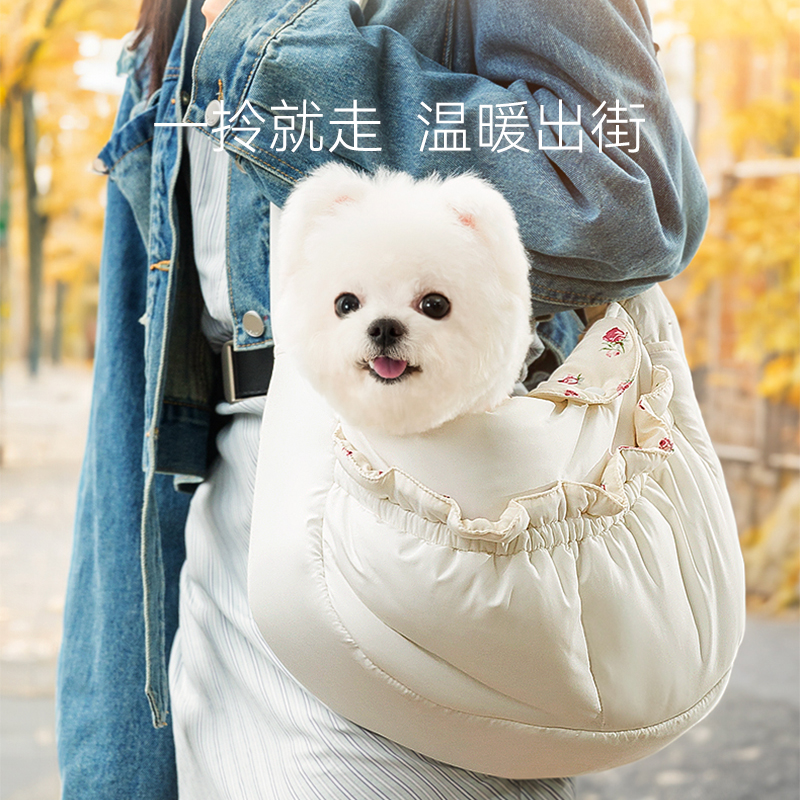 韩版小碎花宠物外出包荷叶边单肩斜挎猫包猫咪狗狗斜挎包保暖0375