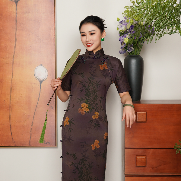 千帆旗袍 紫竹桃 古法香云纱40姆米重缎无省修身长旗袍