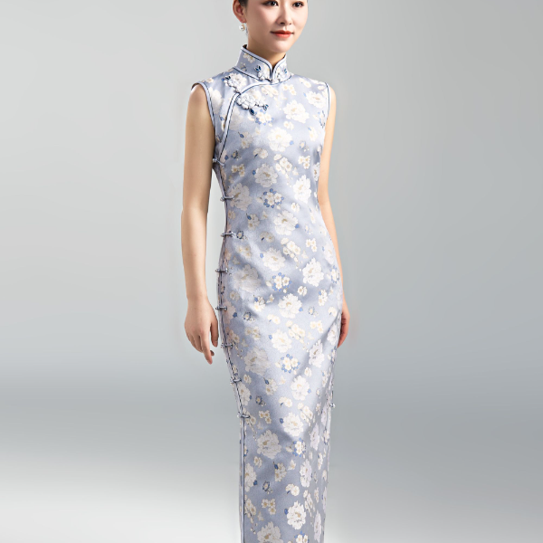 千帆旗袍 吴罗山茶花云水蓝宋锦旗袍 有省修身